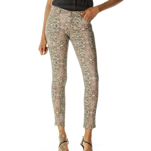 7 For All Mankind Denim - 7 For All Mankind Beige Pink Green Snake Print Tapered Pants